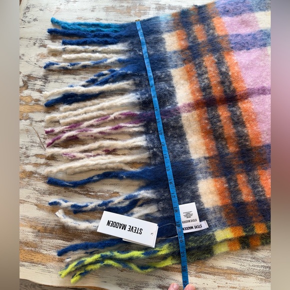 NWT Steve Madden Lofty Fringe Scarf Plaid Scarf Blanket Scarf Blue Cobalt Pink - Picture 4 of 6